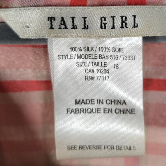 Vintage Tall Girl Silk Blouse 18 Red White Plaid Boxy Top 3/4 Sleeve - Picture 3 of 8